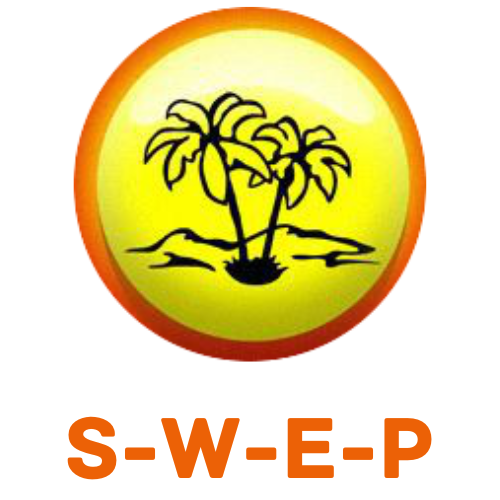 Yellow sun with palm trees and the letters S-W-E-P
